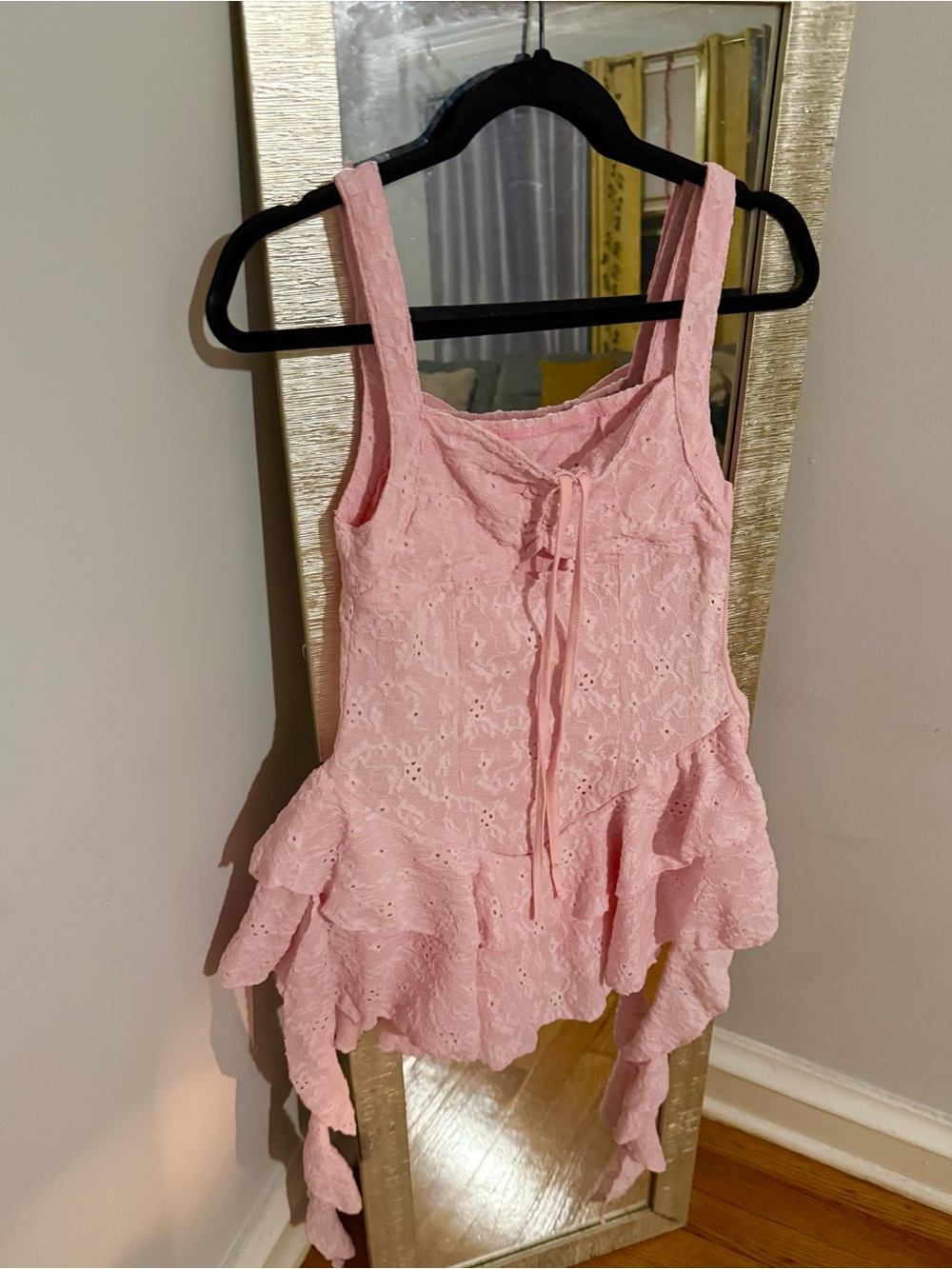 SHEIN Light Pink Eyelet Ruffle Tie-Front Tank
